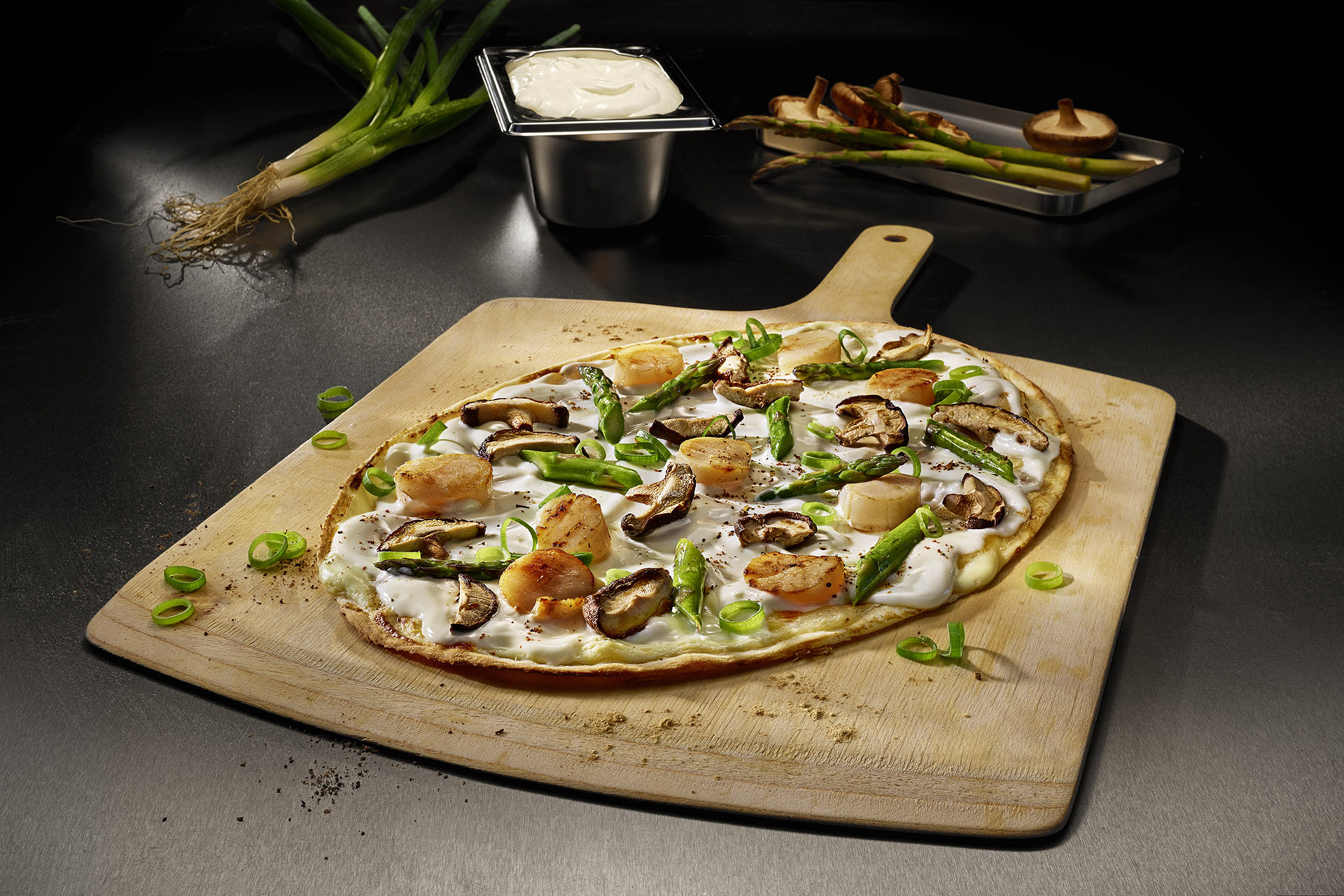 Ultrathin White Pizza with Scallops, Shiitake and Green Asparagus