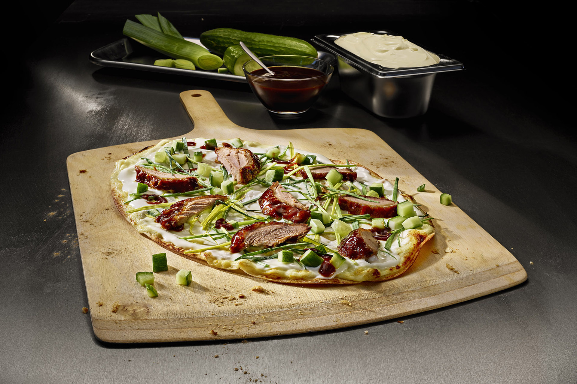 Ultrathin White Pizza with Peking Duck
